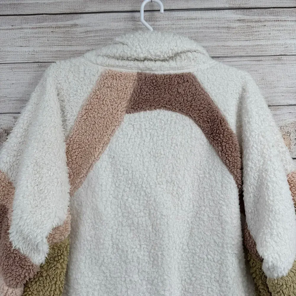 Free People Selma Cardi Colorblock Sherpa Cardigan Sweater Womens L‎ White Brown